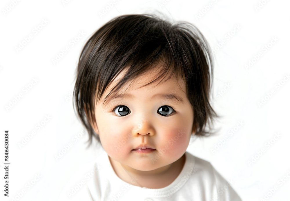 1 closeup of Asian baby wearing white black hair big eye standing sideways front view against pure white background commercial photography feature soft light illumination high definition detail sense 1 closeup of Asian baby wearing white black hair big eye standing sideways front view against pure white background commercial photography feature soft light illumination high definition detail sense