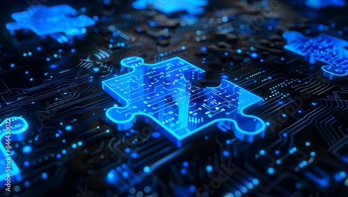 3D rendering of blue glowing puzzle pieces fitting together on a black background with digital circuit patterns
