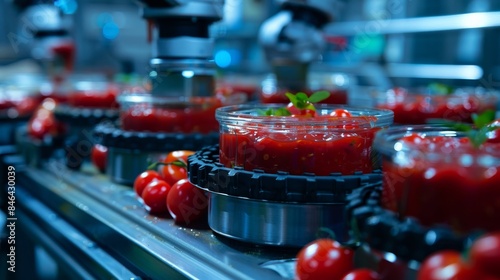 Modern salsa sauce production with robotic arms, sleek factory setting, highlighting the natural ingredients of Latin American cuisine, hygienic and organized