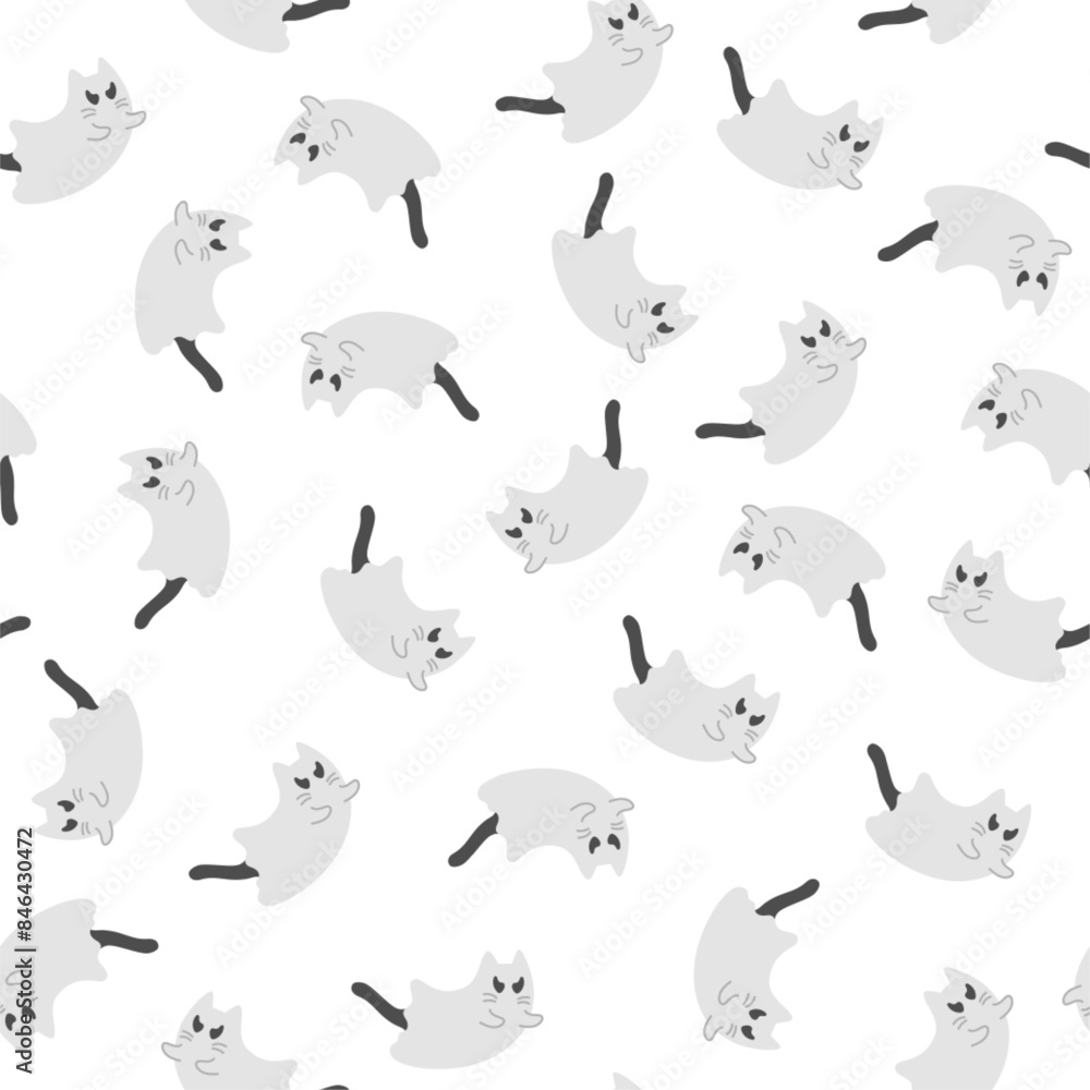 Cute halloween pattern with ghost cats on white background. Vector flying Halloween characters, cartoon kittens spirit. Kawaii ghost print for fabric texture, wrapping paper, greeting card. Cute halloween pattern with ghost cats on white background. Vector flying Halloween characters, cartoon kittens spirit. Kawaii ghost print for fabric texture, wrapping paper, greeting card.