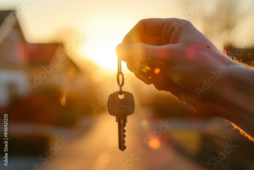 Person holding keys to their new home, with the sun shining in the background and blurry houses in the distance.