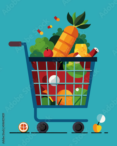 In the checkout lane an abandoned cart filled with rotting fruits vegetables and meats serves as a stark reminder of the excess and waste in the food industry.. Vector illustration