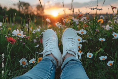 A person wearing jeans and white sneakers is lying on the grass in front of flowers