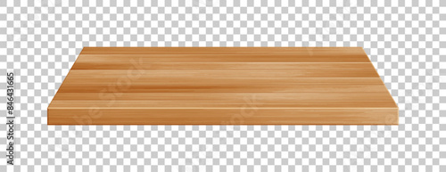 Wooden table surface perspective view. Vector realistic brown plank tabletop isolated on transparent background. 3d interior design element. Wood board top, timber board shelf for mock up, design.
