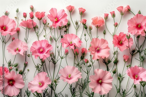 A flat lay photograph showcasing pink flowers with their stems