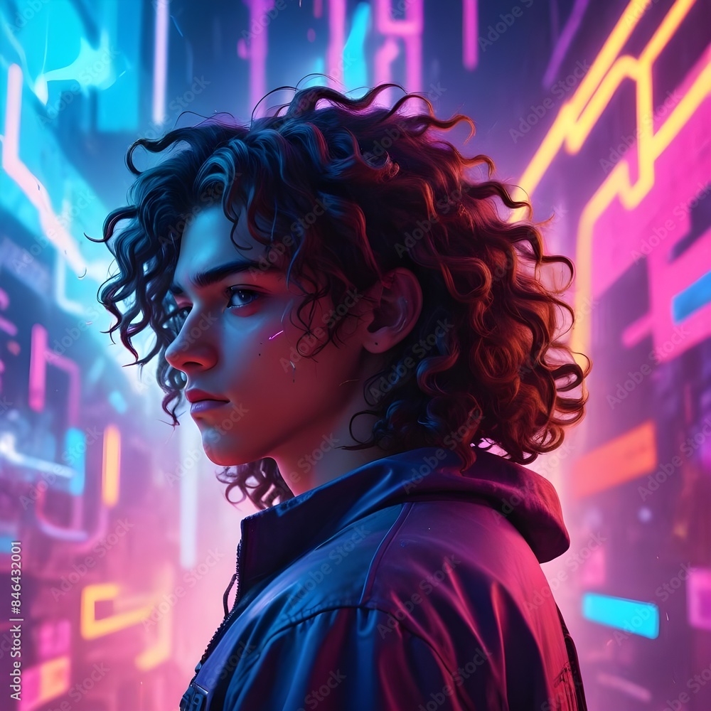 Obraz premium Cyberpunk photo of a teenage boy with curly hair