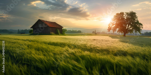 Warm summer sunset over meadows and fields of lush green grass created