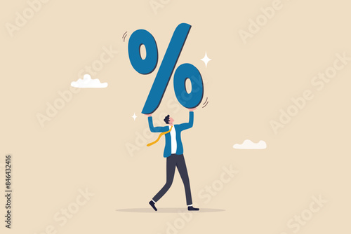 Percentage or interest rate, debt burden, fees to pay off, saving or compound interest earning, financial profit, discount price reduction, promotion concept, businessman carry heavy percentage sign.