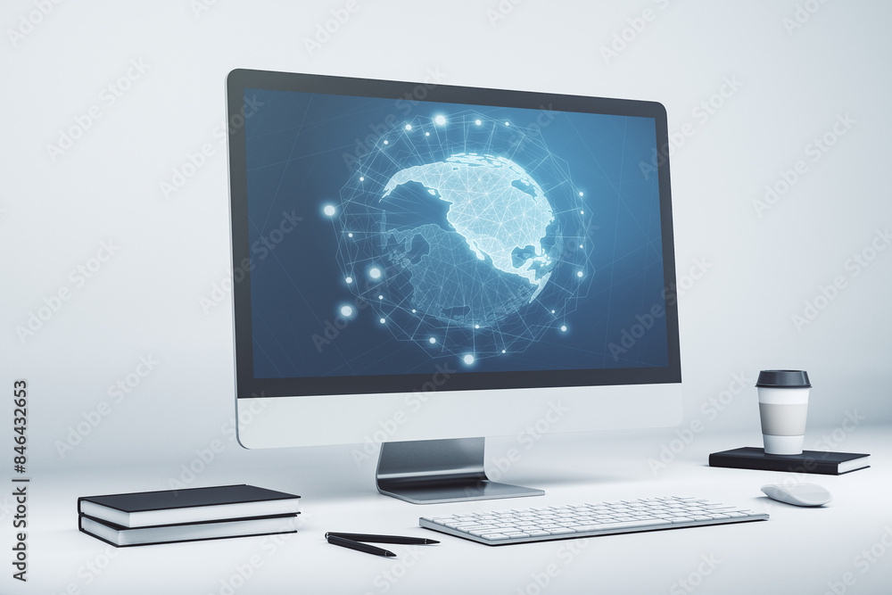 America map on modern computer monitor, big data and digital technology concept. 3D Rendering America map on modern computer monitor, big data and digital technology concept. 3D Rendering