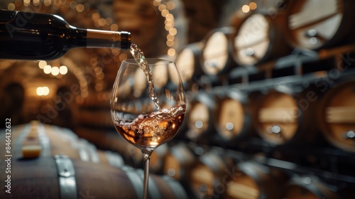 Wallpaper Mural Close-Up of Wine Pouring into Glass from a Partially Opened Bottle, Set Against a Luxurious Wine Cellar Background with Wooden Barrels and Wine Racks Torontodigital.ca