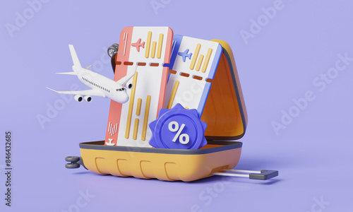 Open suitcase with airplane, tickets and discount percentage. ticket discount travel, booking ticket, Travel deals, Air travel discounts, Summer sale. Discount coupons. 3d minimal render illustration photo