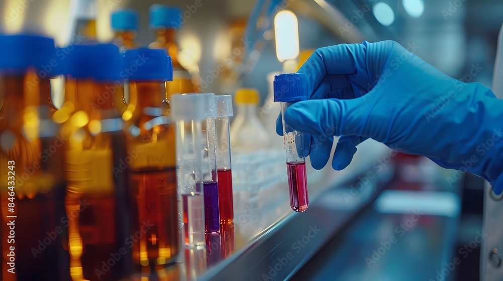 A closeup of hands in blue gloves holding a test tube, with laboratory equipment and glassware blurred in the background. gloved fingers or reflections off glossy surfaces. A closeup of hands in blue gloves holding a test tube, with laboratory equipment and glassware blurred in the background. gloved fingers or reflections off glossy surfaces.