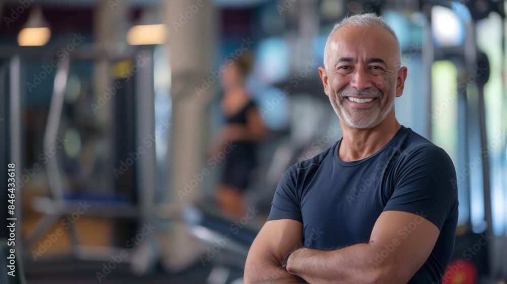Smiling Elderly Male Fitness Trainer in Modern Gym, Promoting Active Lifestyle and Healthy Living Smiling Elderly Male Fitness Trainer in Modern Gym, Promoting Active Lifestyle and Healthy Living