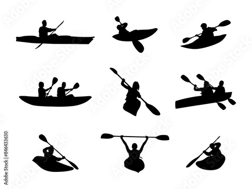 Set of kayaking water sports Silhouette in various poses isolated on white background