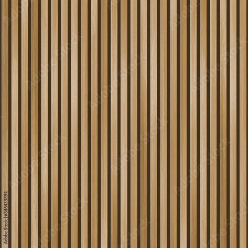 Vector wood panel decorated wall. Realistic wooden brown vertical planks on dark background. Natural wood planks wall. Trendy interior striped wooden elements.