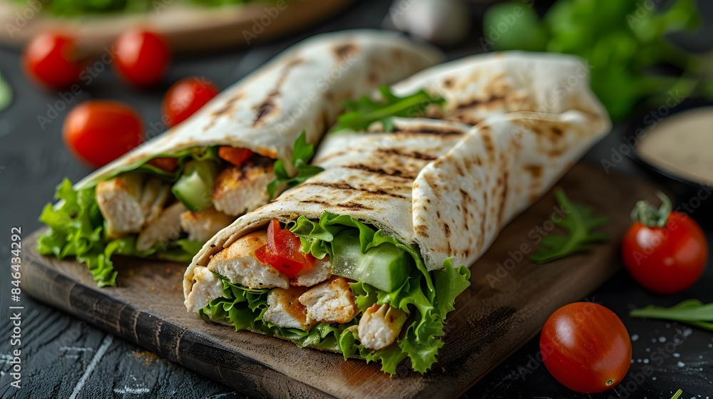 A delicious wrap with chicken, lettuce and vegetables cut into three pieces on the table. The photo shows the full view of the wrap cut into pieces. A delicious wrap with chicken, lettuce and vegetables cut into three pieces on the table. The photo shows the full view of the wrap cut into pieces.