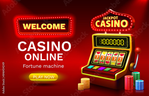 Casino 777 banner slots machine winner, jackpot fortune of luck. Vector illustration