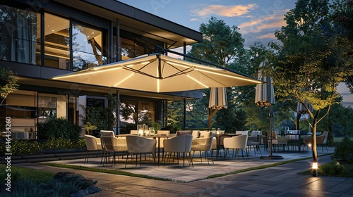 A large garden umbrella with LED lights, placed on the terrace of an outdoor dining area in front of a modern home with decor and accessories. copy space for text.