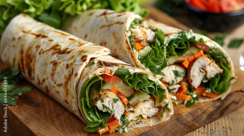 A delicious wrap with chicken, lettuce and vegetables cut into three pieces on the table. The photo shows the full view of the wrap cut into pieces. A delicious wrap with chicken, lettuce and vegetables cut into three pieces on the table. The photo shows the full view of the wrap cut into pieces.