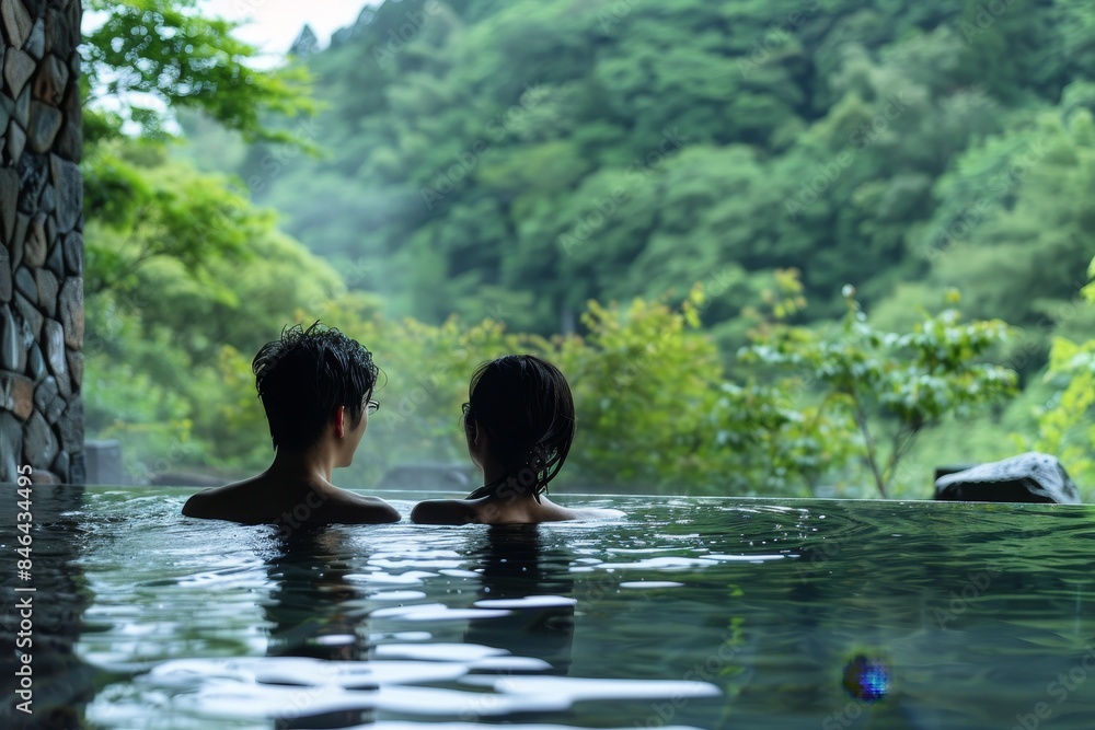 Tranquil Moment: Elegant Couple in Private Onsen Surrounded by Stone Walls on Deep Green Background Tranquil Moment: Elegant Couple in Private Onsen Surrounded by Stone Walls on Deep Green Background