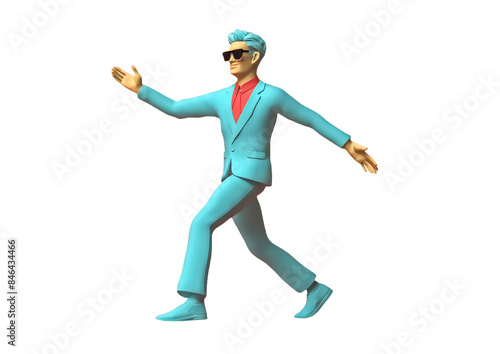 歩く身振りの青いスーツにサングラスをかけた男性実業家【背景無し】