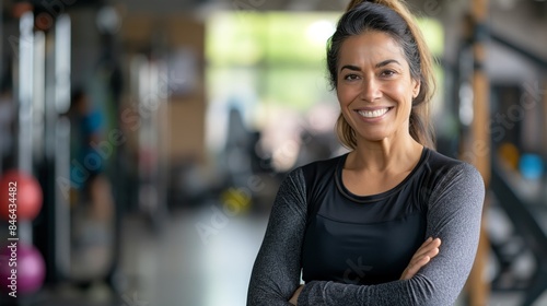 Middle-Aged Smiling Female Fitness Trainer in Gym Environment, Promoting Health and Wellness, Diverse Representation in Sports photo