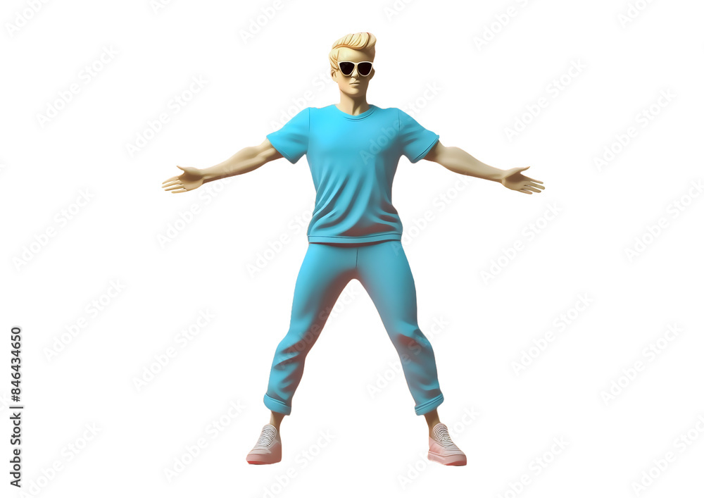 両手を広げて運動する身振り手振りのサングラスに青い服装を着用した金髪の男性【背景無し】