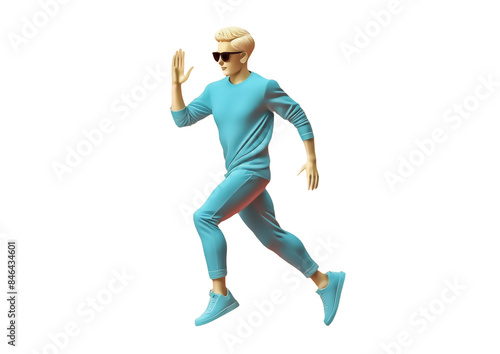 黒いサングラスと青い服装を着用して走る身振り手振りの金髪の男性【背景無し】