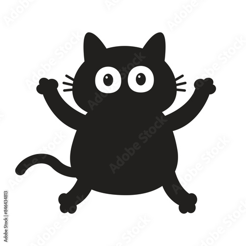 Black fat cat with big eyes. Screaming kitten. Cute cartoon funny kitten character falling down. Sticker print. Baby pet collection. Childish style. White background. Isolated. Flat design. Vector