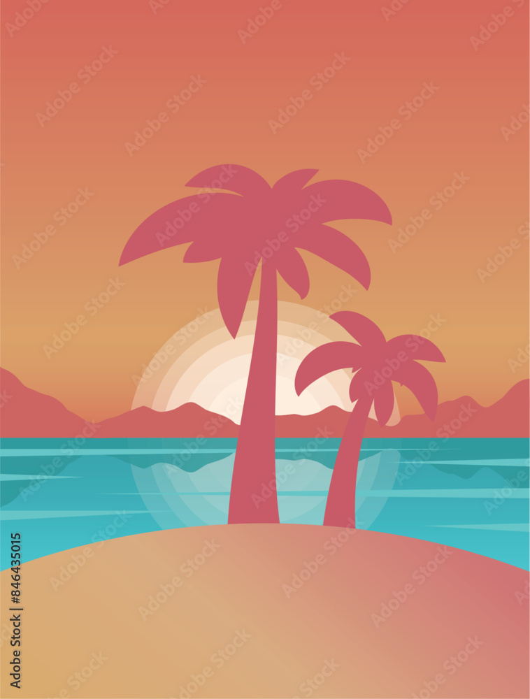 Fototapeta premium Background with sunset, palm trees and lake