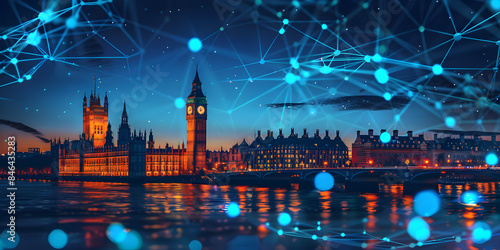 England telecommunication and data transfer networks with global internet connectivity for communication technology. Includes IoT, finance, business, blockchain, and security