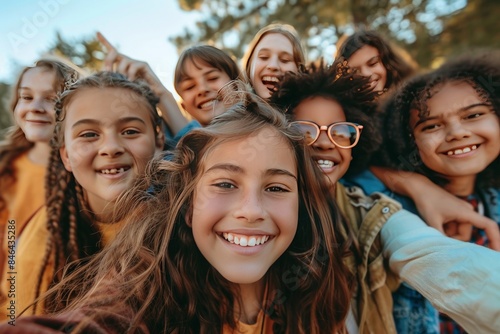 Group of cheerful schoolchildren having fun together, capturing the joy and camaraderie of childhood friendships