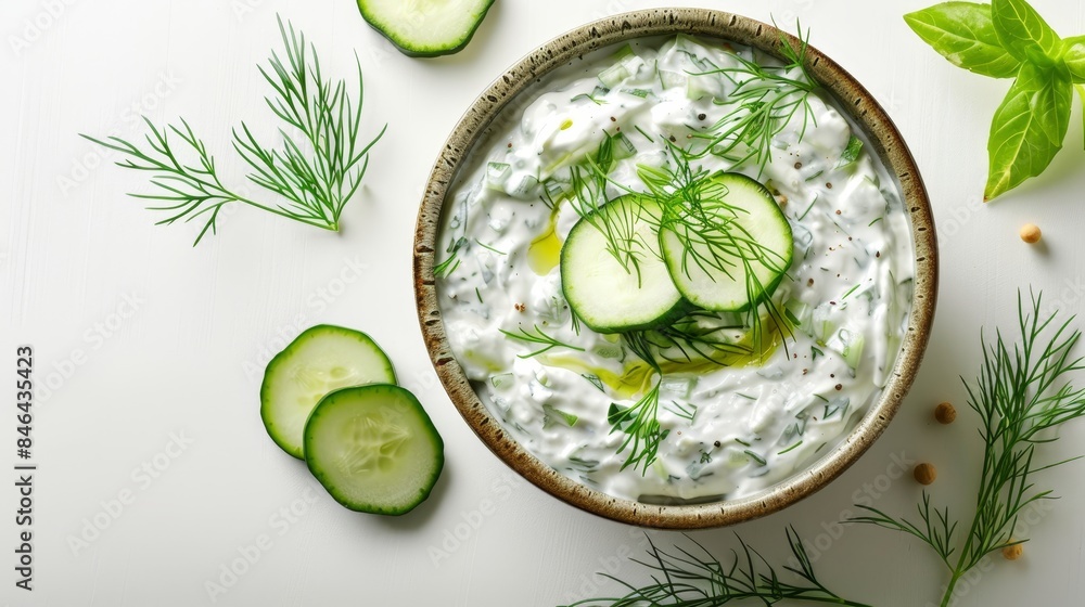 Tzatziki sauce top-down view, rich yogurt texture with dill and cucumber, in an elegant bowl, isolated on white, crisp studio lighting Tzatziki sauce top-down view, rich yogurt texture with dill and cucumber, in an elegant bowl, isolated on white, crisp studio lighting