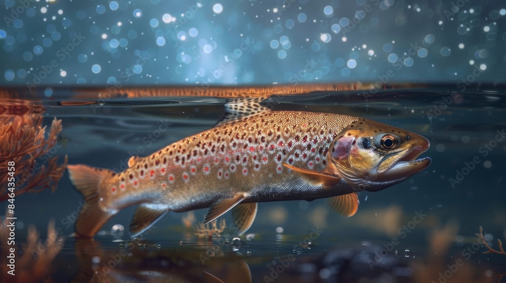 Obraz premium Trout swimming close to the waterline in a calm lake, reflecting a starry blue sky, creating a tranquil and picturesque moment