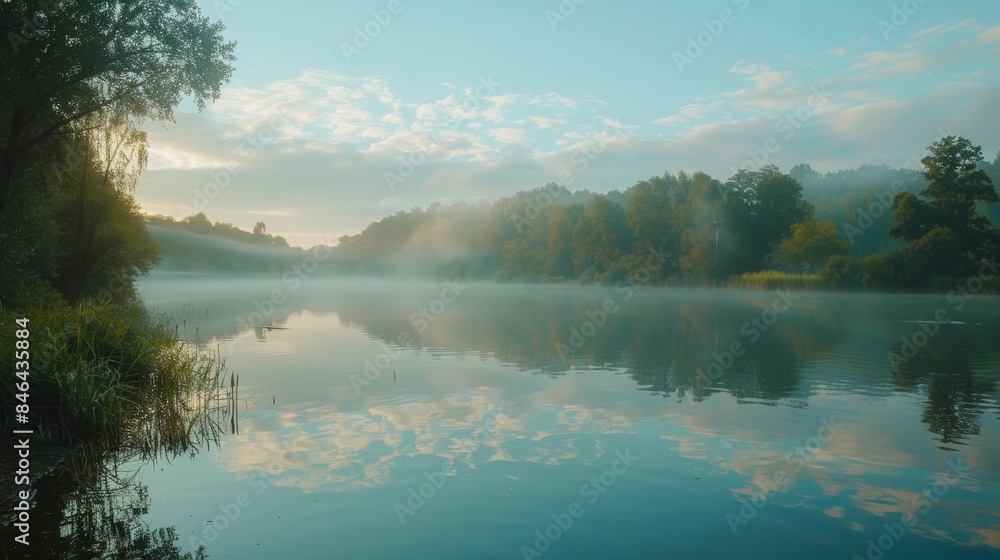 Peaceful morning scene with a tranquil lake mirroring the early light, mist gently drifting above the surface Peaceful morning scene with a tranquil lake mirroring the early light, mist gently drifting above the surface