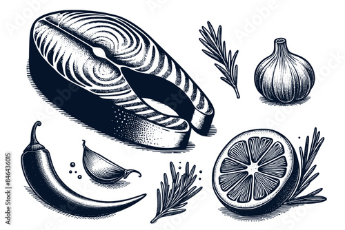Salmon steak. Vintage engraving set. Seafood. Vector illustration. Black background