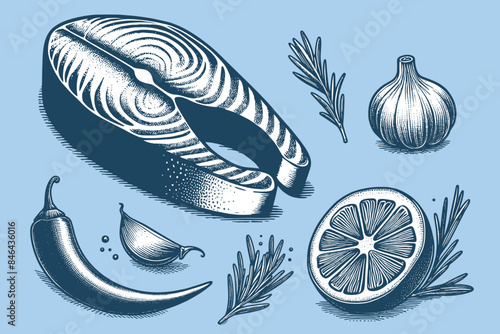 Salmon steak. Vintage engraving set. Seafood. Vector illustration. Blue background