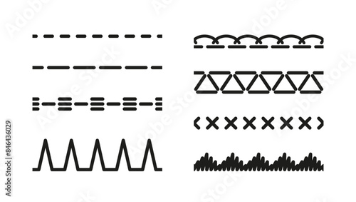 Sewing stitches zigzag seamless elements. Machine thread sew brushes. Set of overlock embroidery seams. Vector. Simple graphic illustration. Line border isolated on white background.