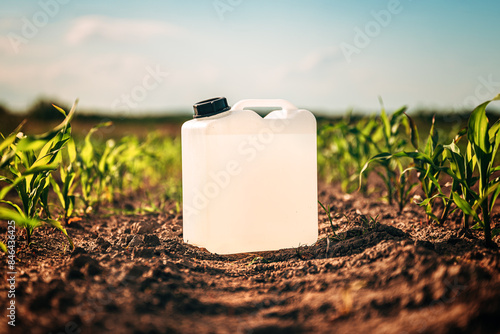 Photos Blank white herbicide canister can in corn seedling field in springtime sunset