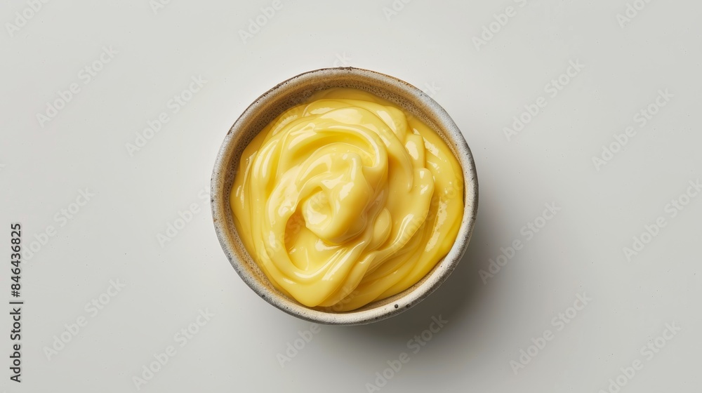 Overhead shot of Hollandaise Sauce, smooth and buttery with a hint of lemon, presented in a small dish, on a plain white backdrop Overhead shot of Hollandaise Sauce, smooth and buttery with a hint of lemon, presented in a small dish, on a plain white backdrop