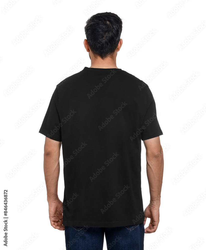 Obraz premium Man in black t-shirt on white background, back view