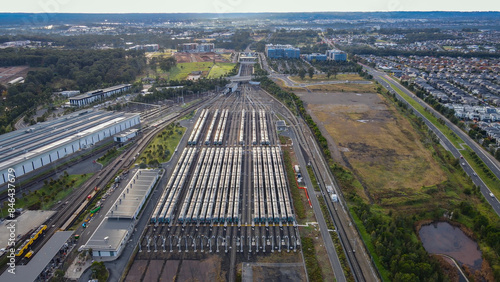 Photography Aerial drone view above Tallawong train depot on the metro northwest railway lin