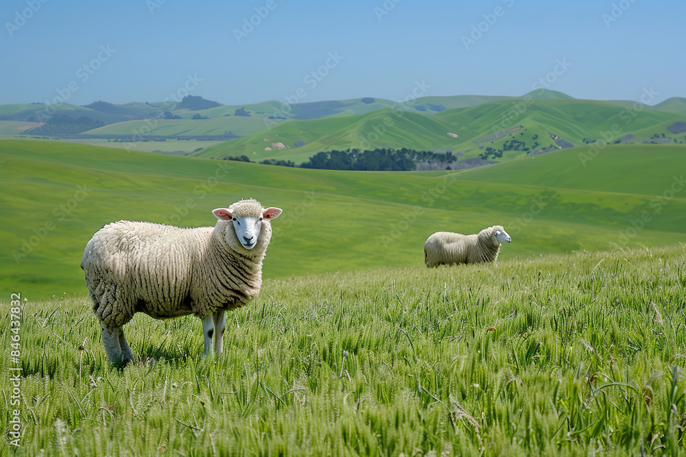 Peaceful Pasture with Fluffy Sheep Grazing Under Blue Skies Peaceful Pasture with Fluffy Sheep Grazing Under Blue Skies