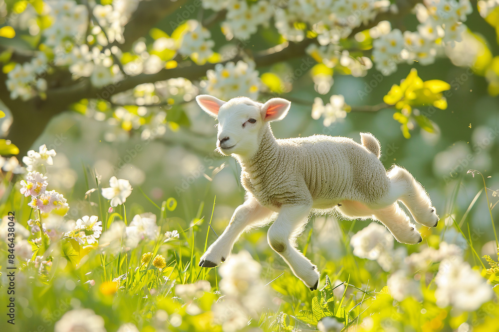 Playful Lambs Frolicking in a Vibrant Spring Meadow Playful Lambs Frolicking in a Vibrant Spring Meadow
