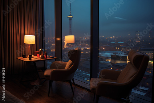 the atmosphere of the room in the hotel on the highest floor with a view of the city centre in the rain