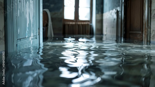 Rooms floor submerged in water, highlighting the extensive water damage to the interior that requires urgent repair and restoration services. 