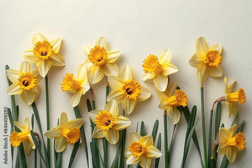 Obraz premium A flat lay of yellow and white daffodils on a white background