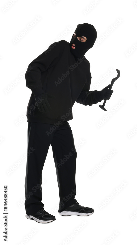 Thief in balaclava with crowbar on white background Thief in balaclava with crowbar on white background