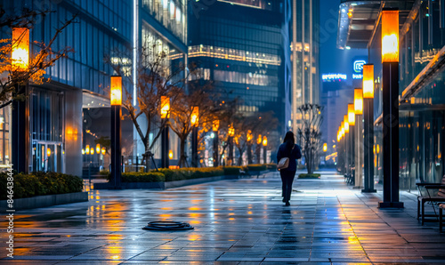 an empty wet sidewalk with people walking down it in the city