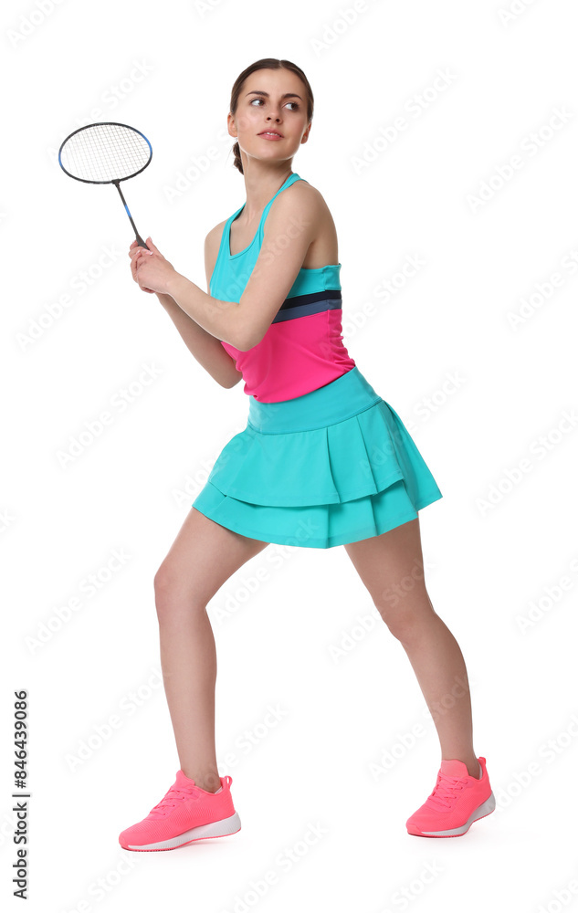 Young woman playing badminton with racket on white background Young woman playing badminton with racket on white background